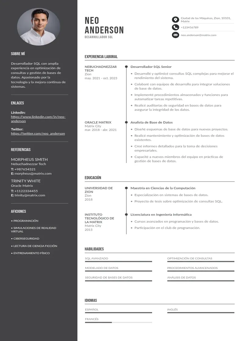 two column cv-desarrollador-sql resume example