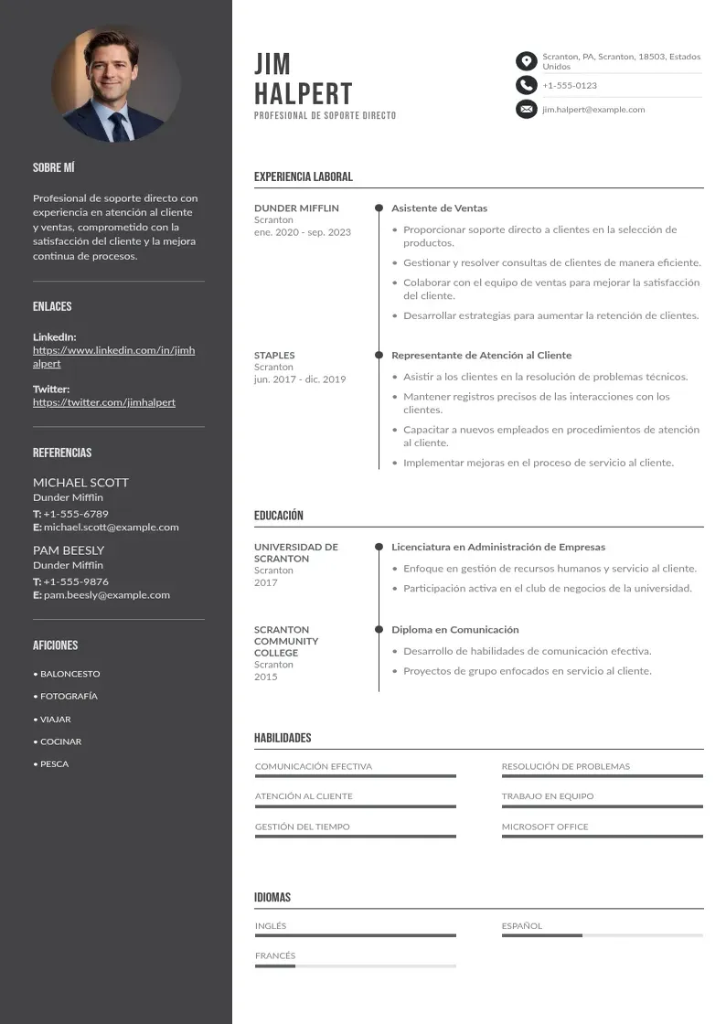 two column profesional-de-soporte-directo resume example
