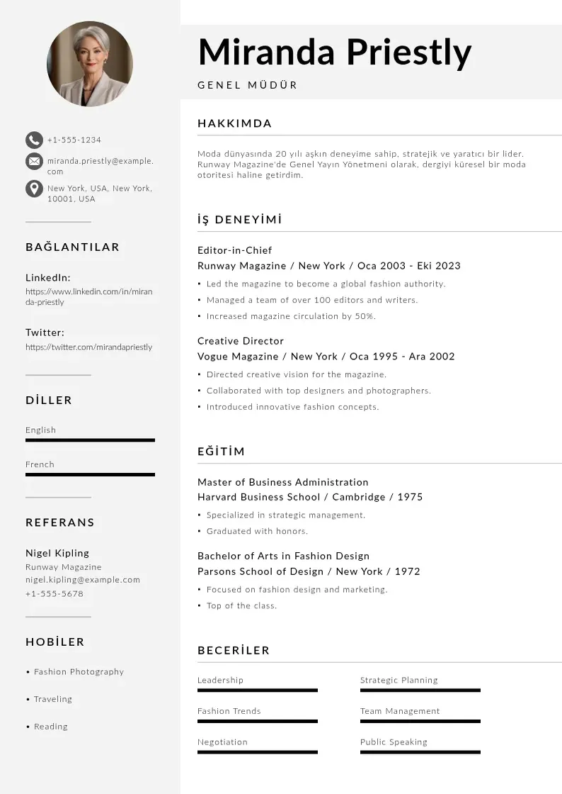 Mūsdienīga Genel Müdür  CV veidne
