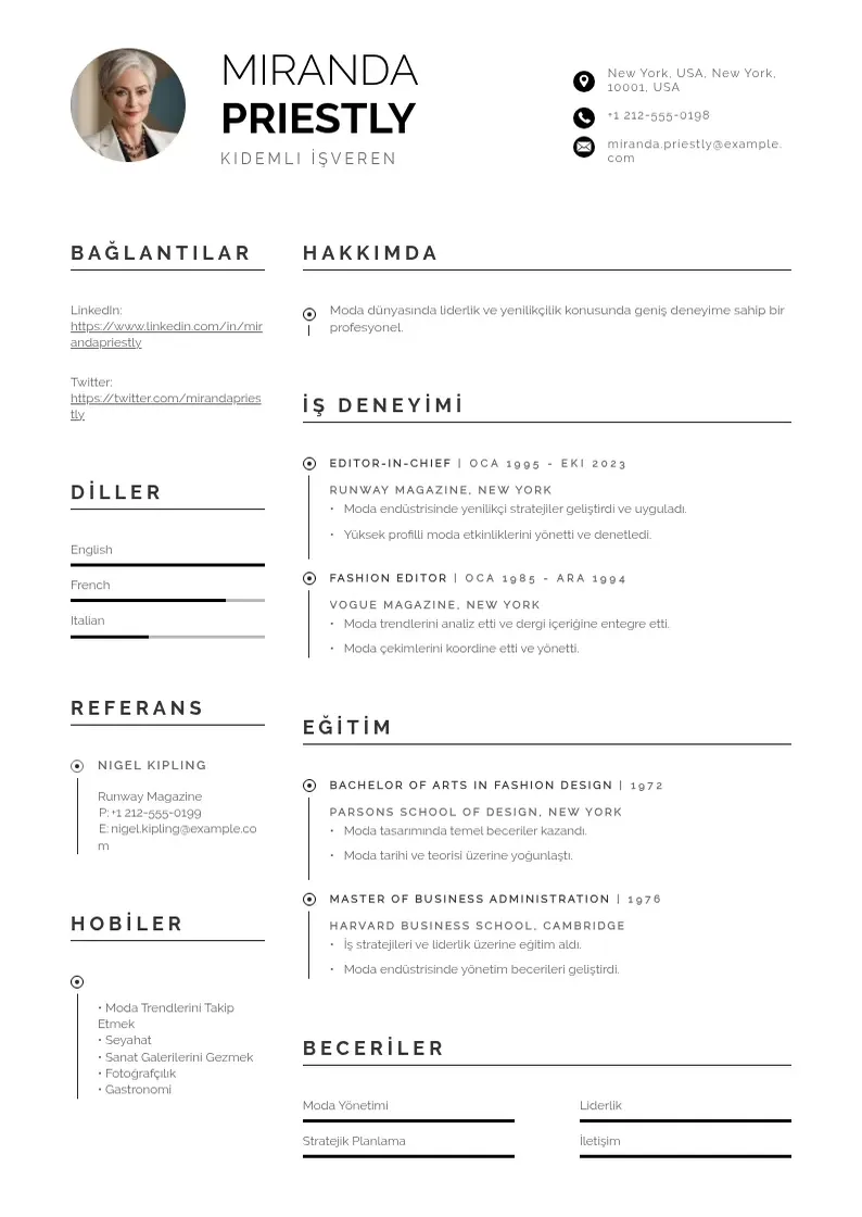 Profesionāla Kıdemli İşveren  CV veidne