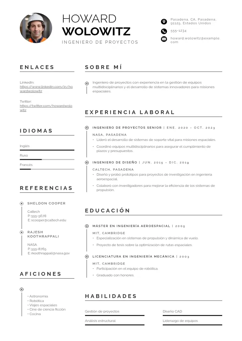 two column cv-ingeniero-de-proyectos resume example