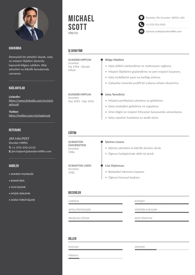 Divu kolonnu Yonetici CV piemērs