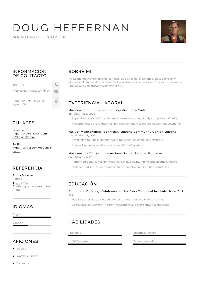 two column cv-trabajador-de-mantenimiento resume example
