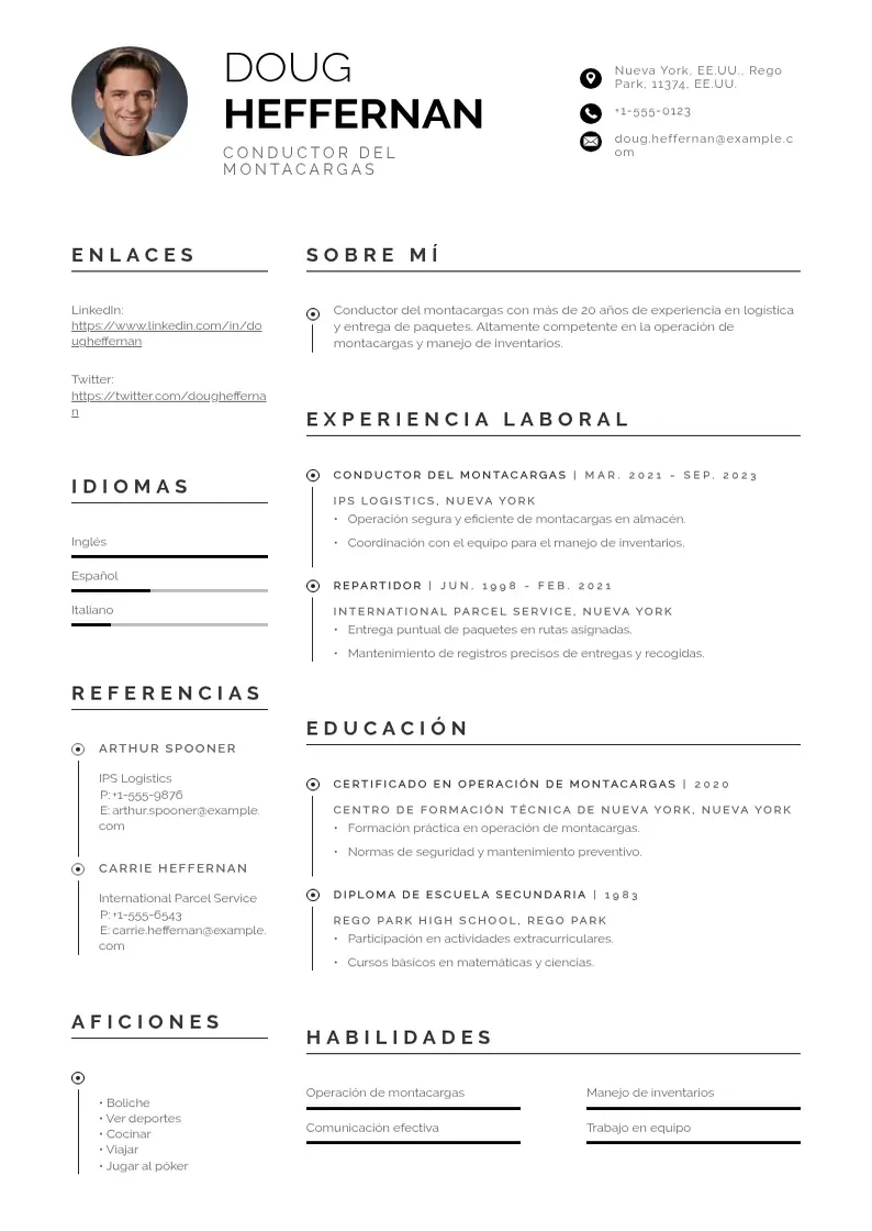 two column conductor-del-montacargas resume example