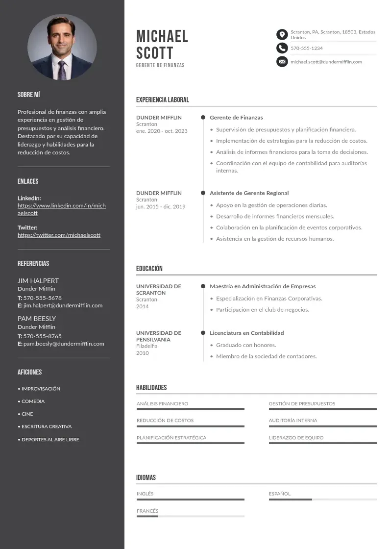 two column cv-gerente-de-finanzas resume example