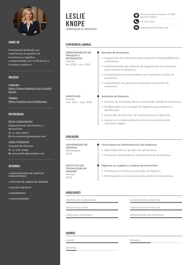 two column cv-coordinador-de-inventario resume example