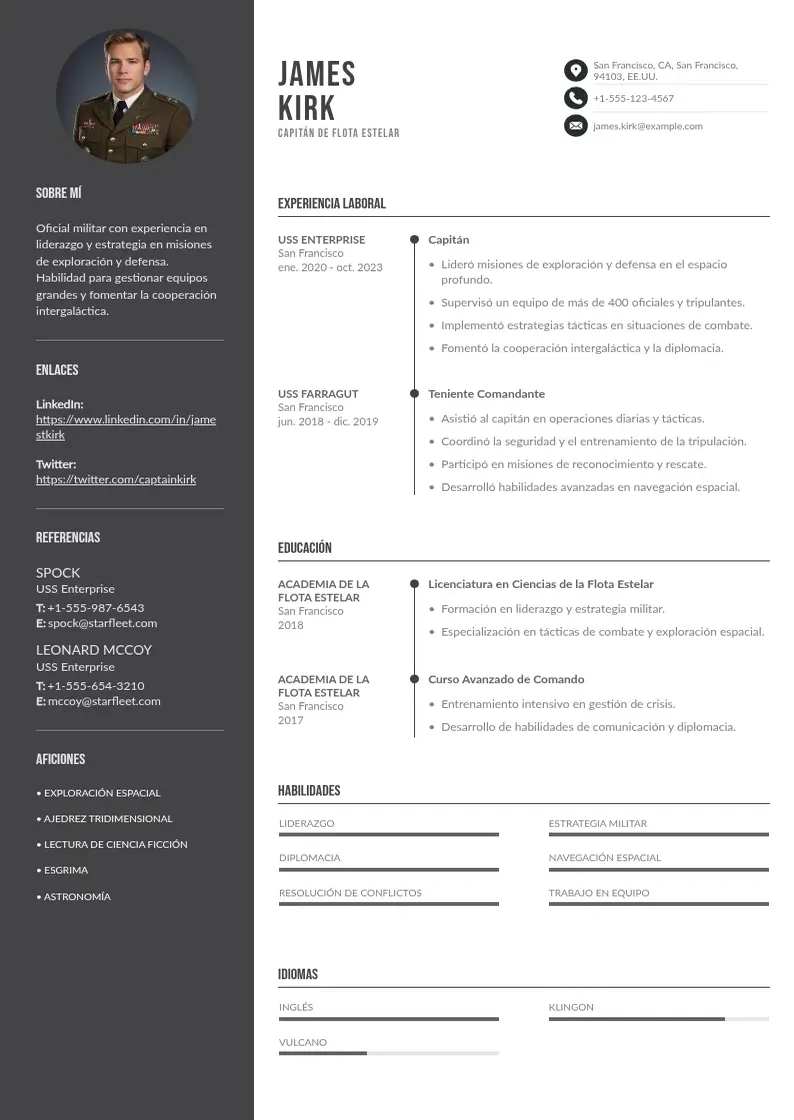 two column cv-militar resume example