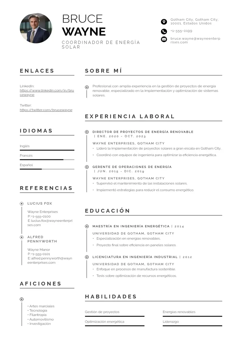 two column coordinador-de-energia-solar resume example