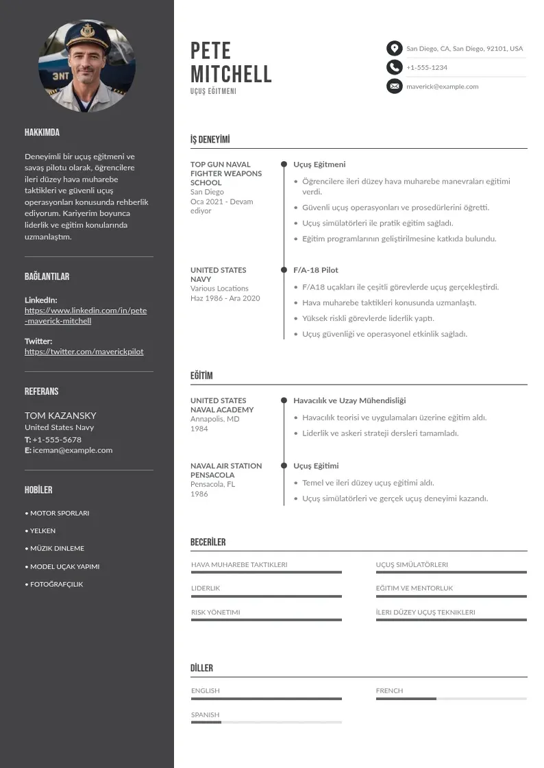 Divu kolonnu uçuş eğitmeni  CV piemērs
