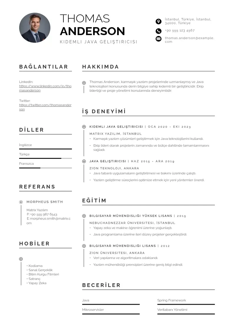 Profesionāla Kıdemli Java Geliştiricisi  CV veidne
