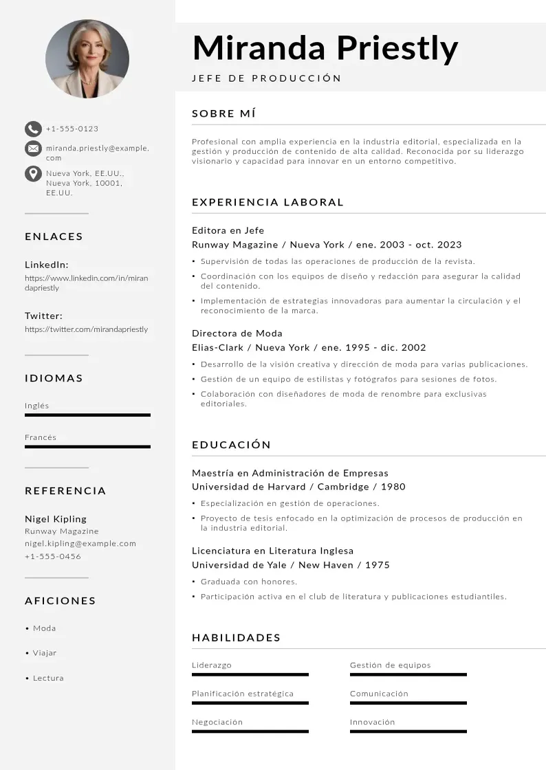 two column cv-jefe-de-produccion resume example