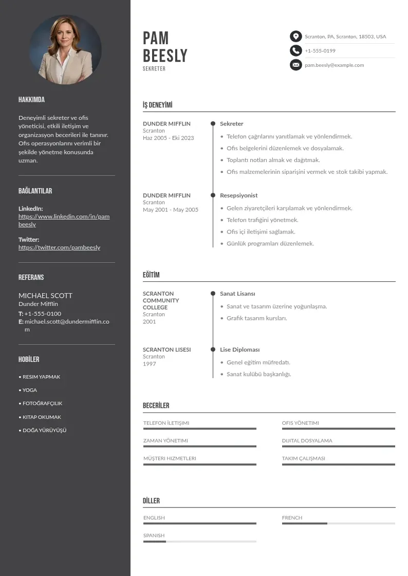 Divu kolonnu Sekreter CV piemērs