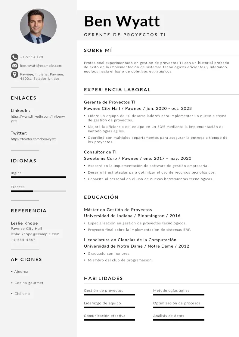 two column cv-gerente-de-proyectos-ti resume example