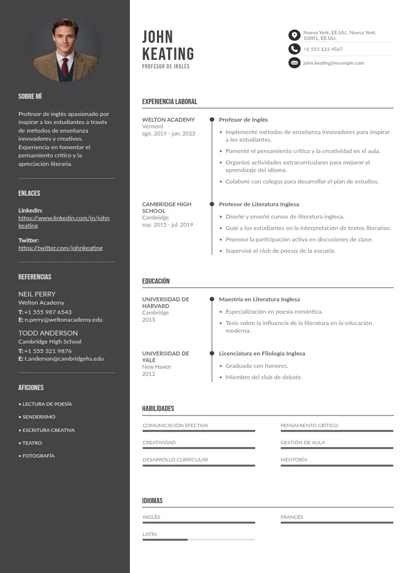 two column profesor-ingles resume example
