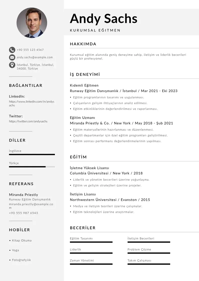 Mūsdienīga Kurumsal Eğitmen  CV veidne