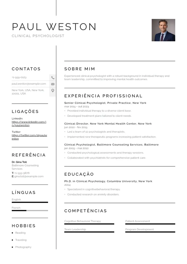 Exemplo de currículo simples de De psicologo clinico