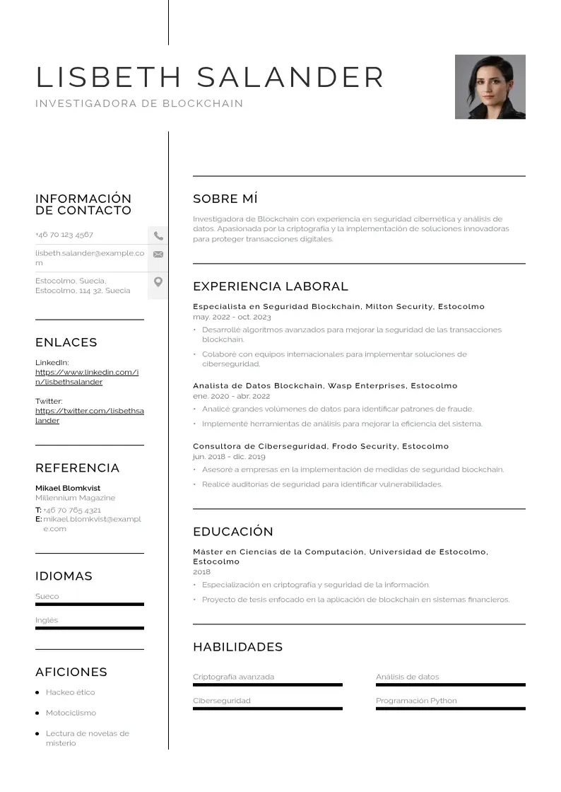 two column investigador-de-blockchain resume example