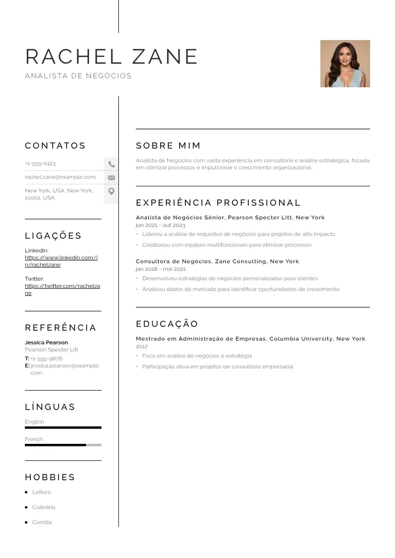 Exemplo de currículo simples de Analista de negocios
