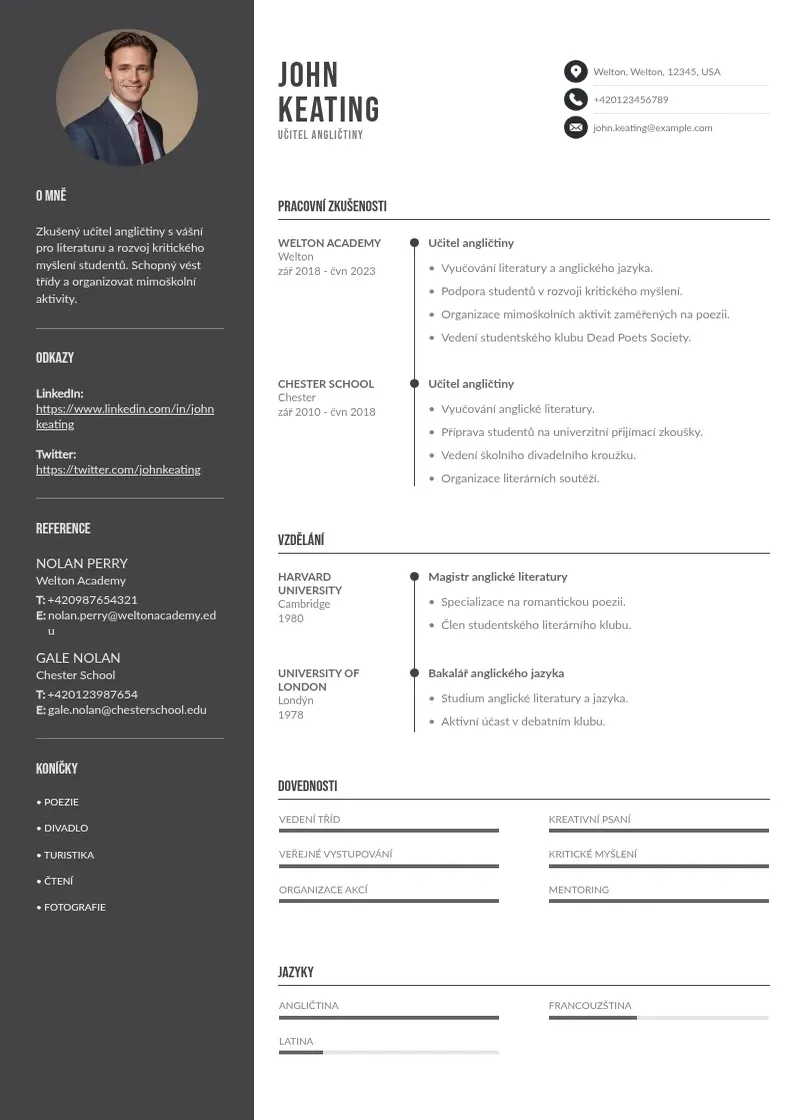 Divu kolonnu Zivotopis ucitele anglictiny CV piemērs