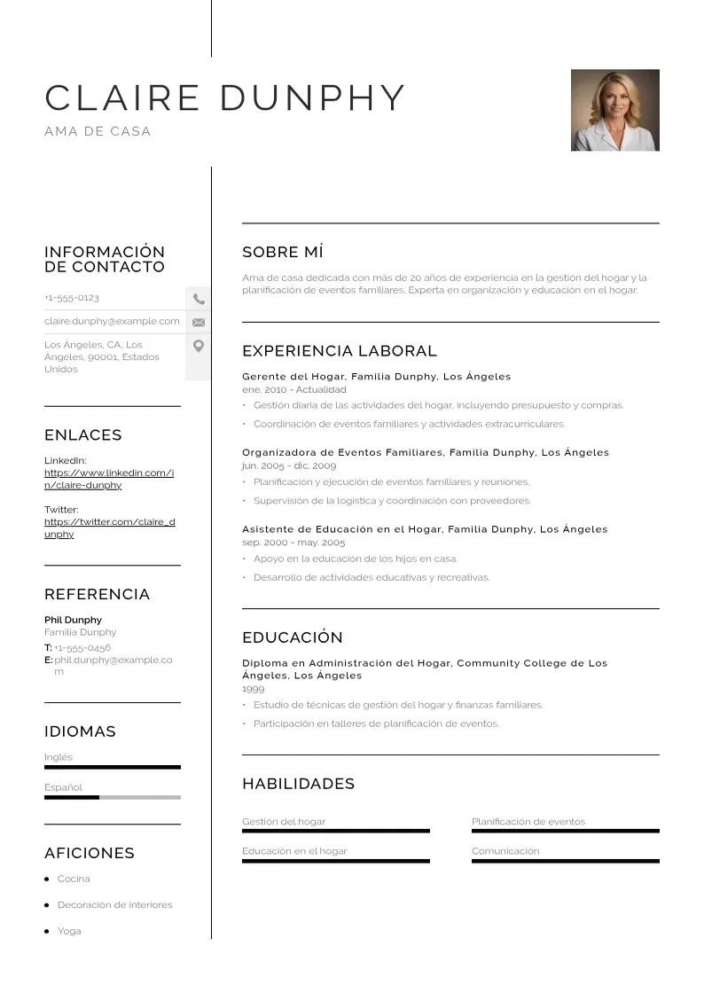 two column cv-ama-de-casa resume example