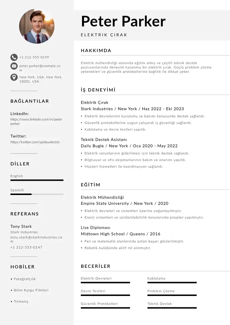 Mūsdienīga Elektrik Çırak  CV veidne