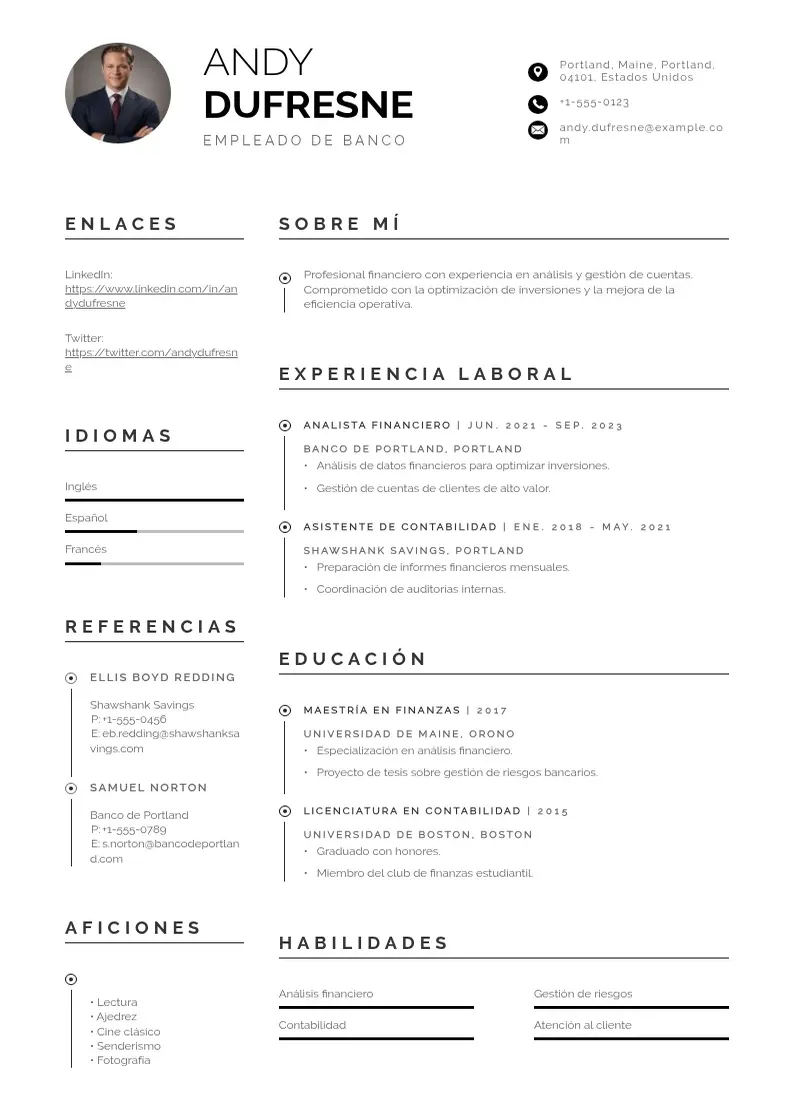 two column empleado-de-banco resume example