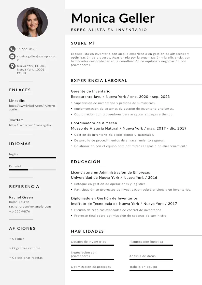 two column especialista-en-inventario resume example