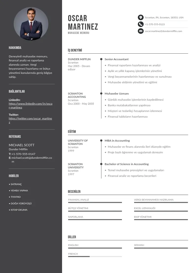 Divu kolonnu Muhasebe memuru  CV piemērs
