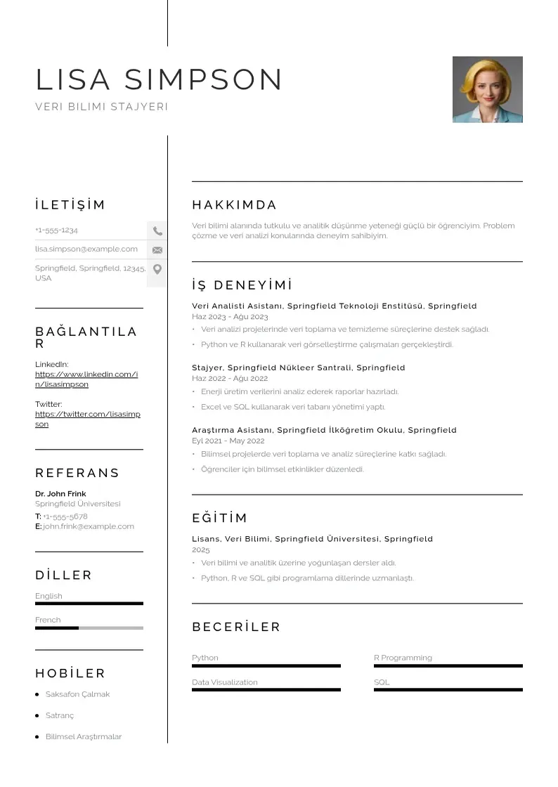 Vienkārša Veri Bilimi Stajyeri  CV piemērs