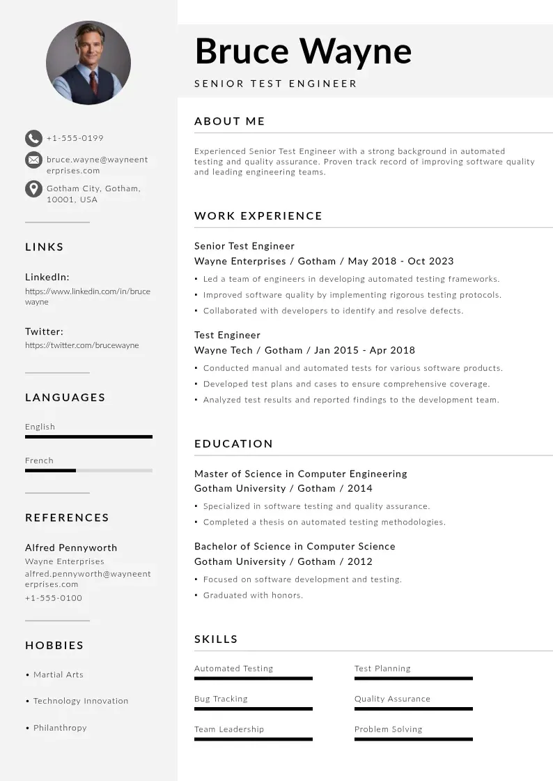 modern Senior test engineer resume resume template