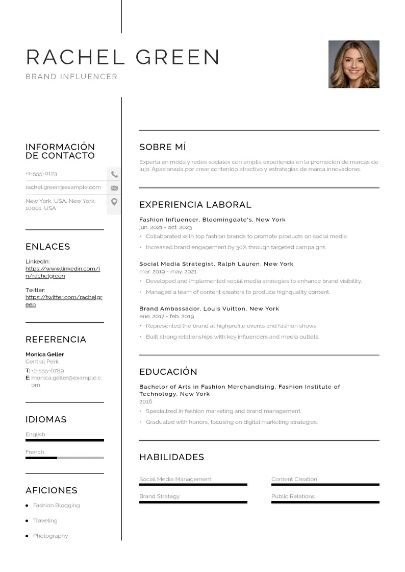 two column influencer-de-marca resume example
