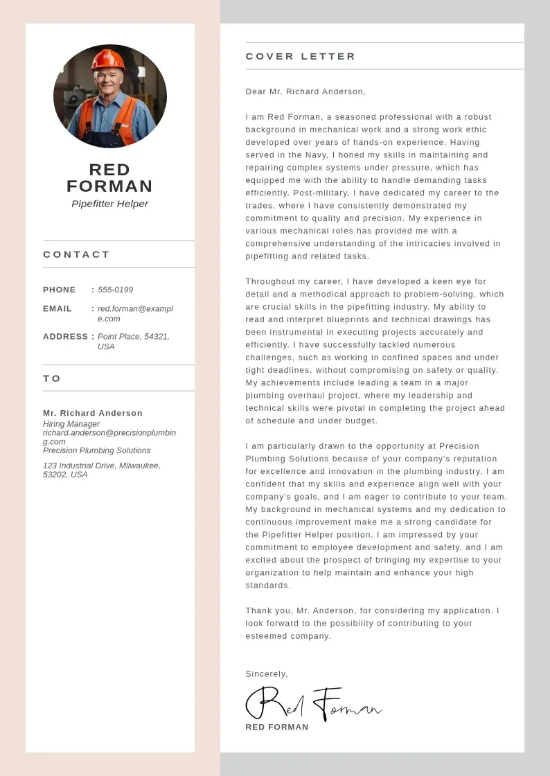 professional Pipefitter Helper  cover letter template