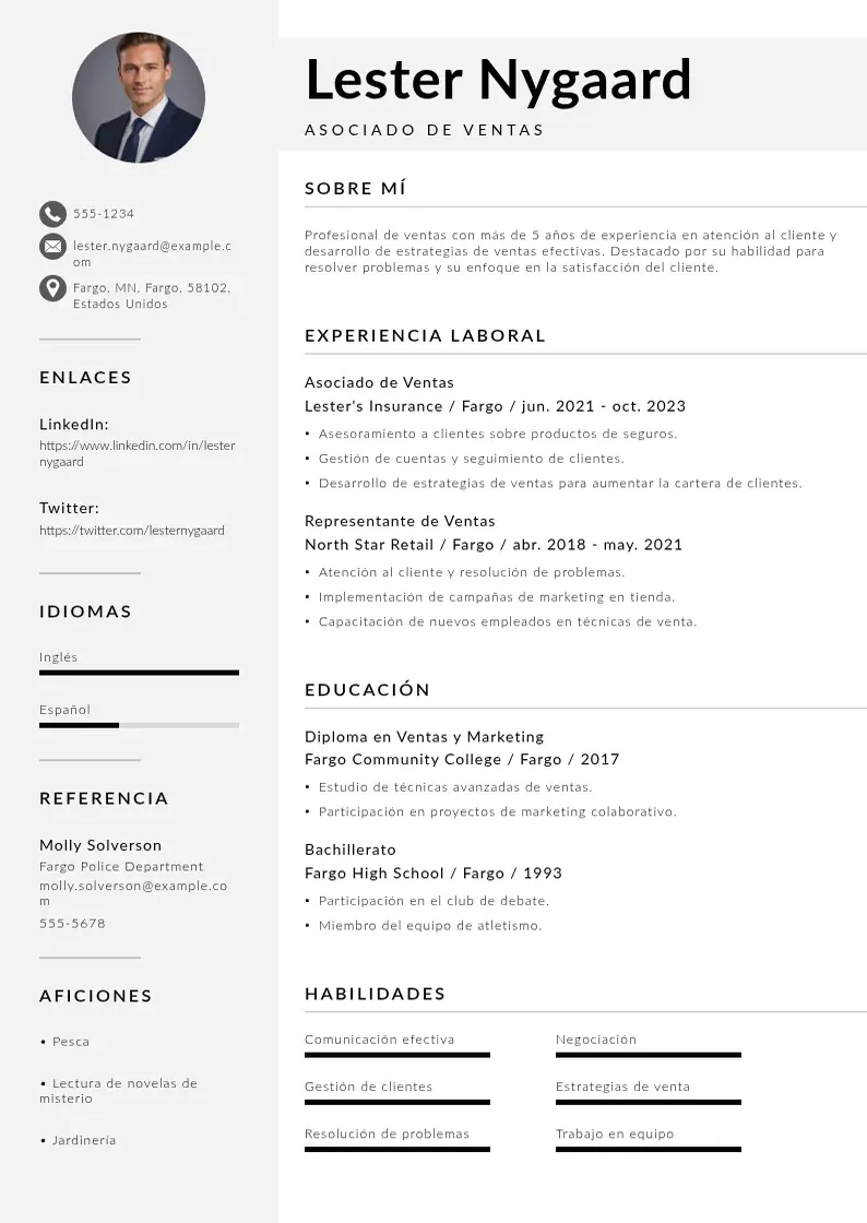 two column cv-asociado-de-ventas resume example