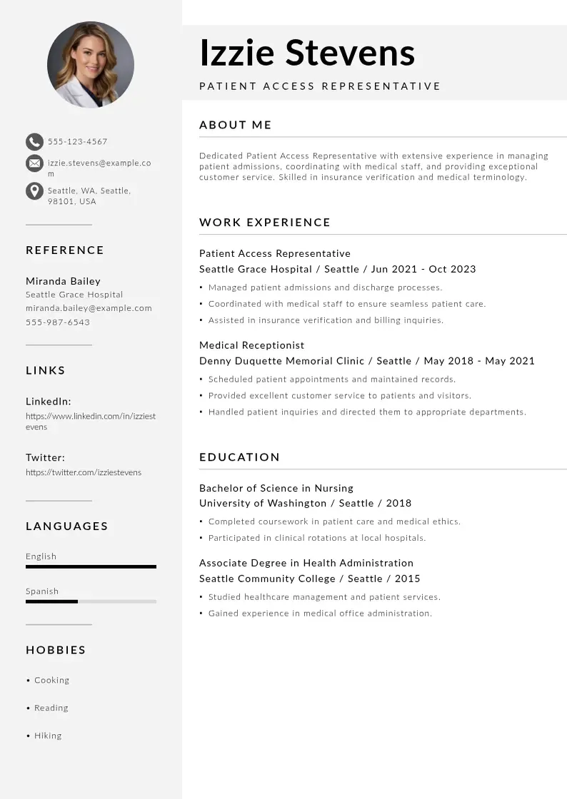 modern Patient access representative resume resume template