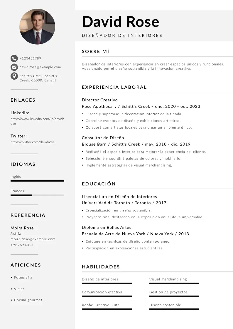 two column disenador-de-interiores resume example