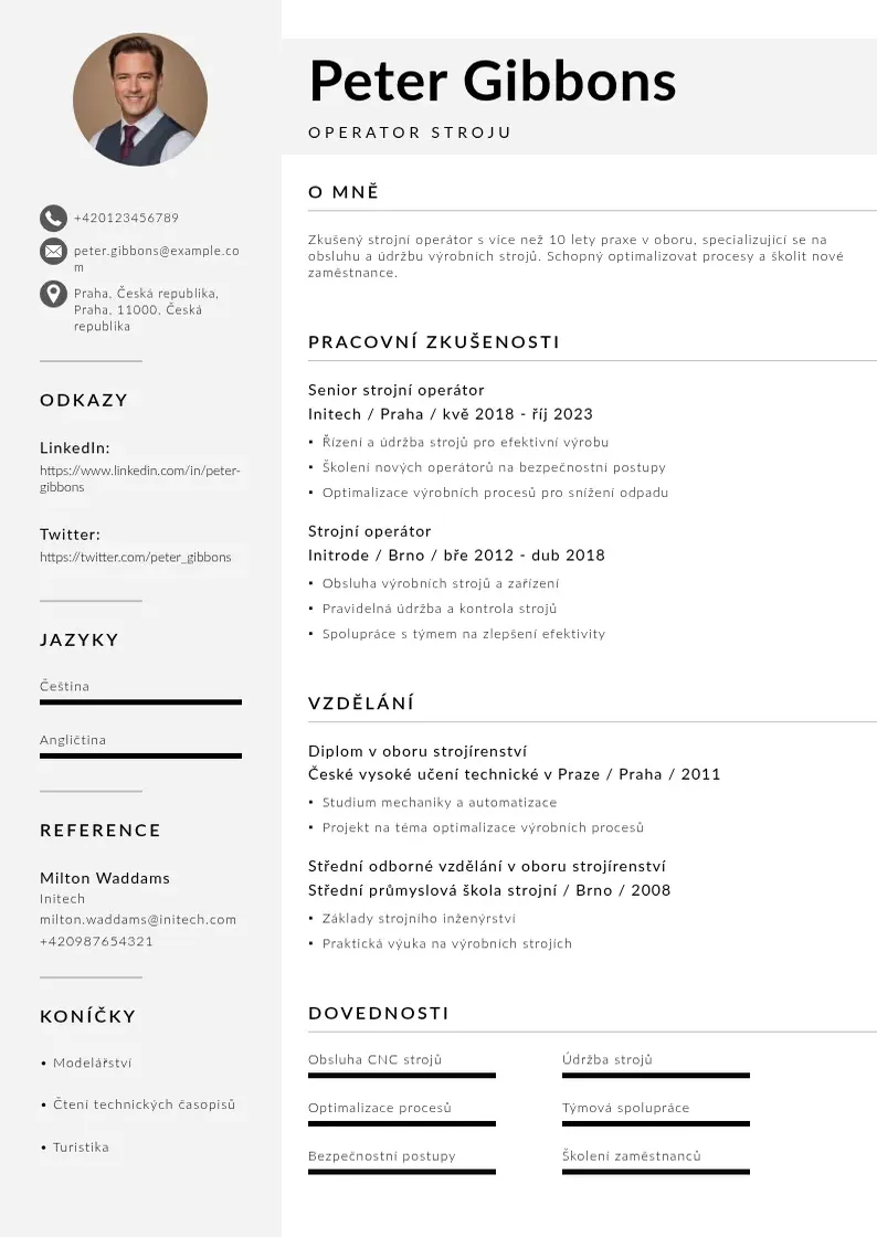 Mūsdienīga Operator stroju zivotopis CV veidne