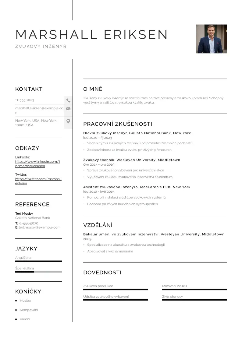 Vienkārša Zvukovy inzenyr zivotopis CV piemērs