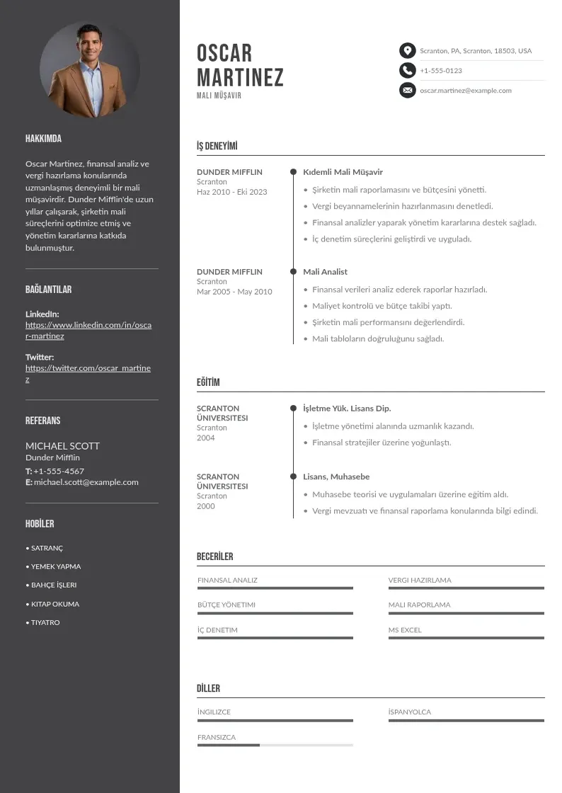 Divu kolonnu Mali Müşavir  CV piemērs