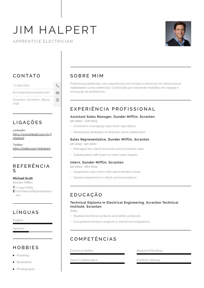 Exemplo de currículo simples de De aprendiz de eletricista
