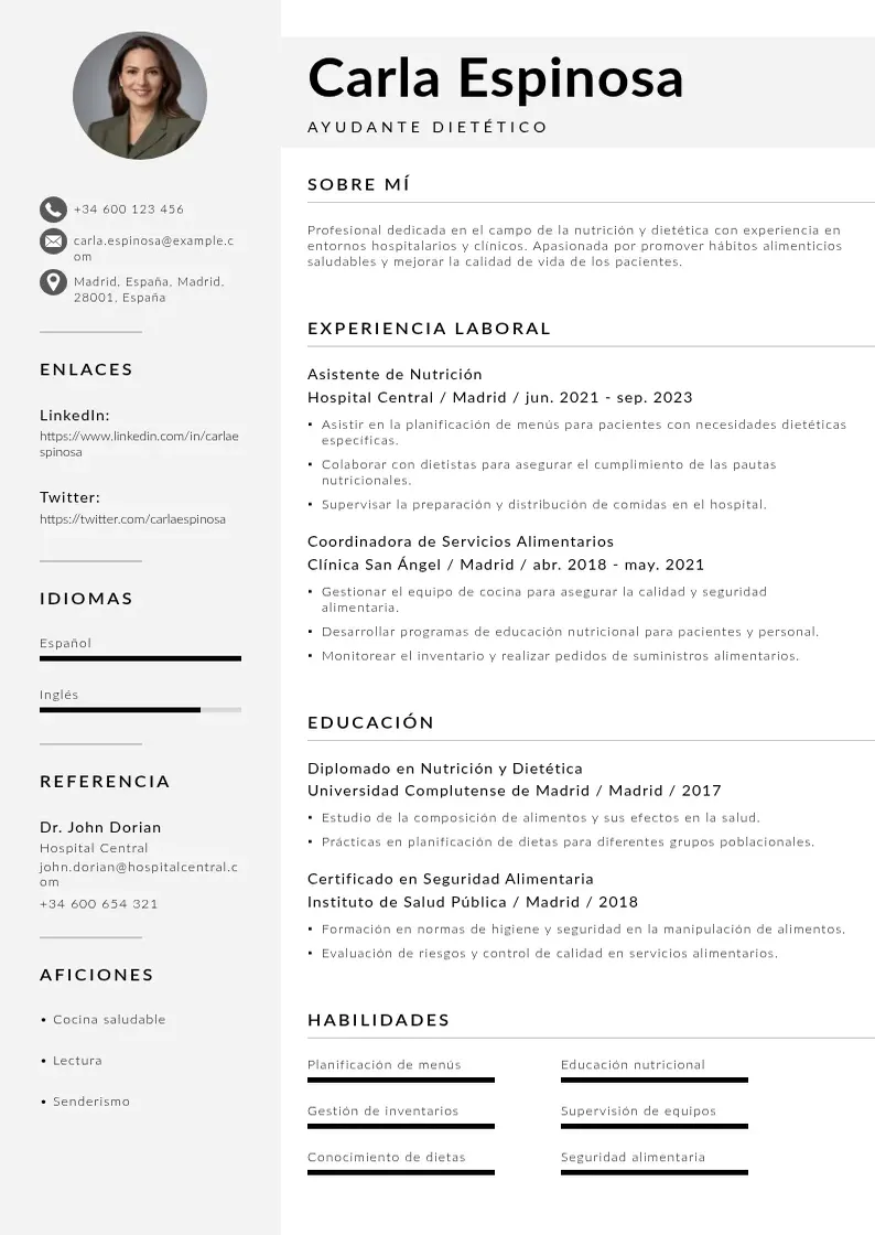 two column cv-ayudante-dietetico resume example