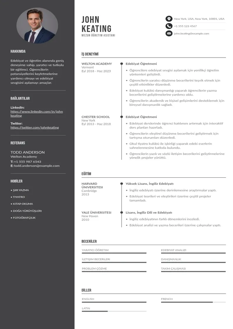 Divu kolonnu Mezun Öğretim Asistanı  CV piemērs