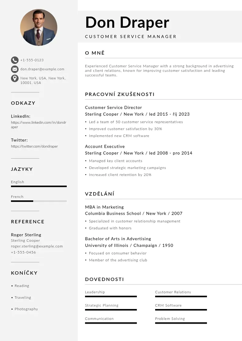 Mūsdienīga Manazer zakaznickeho servisu zivotopis CV veidne