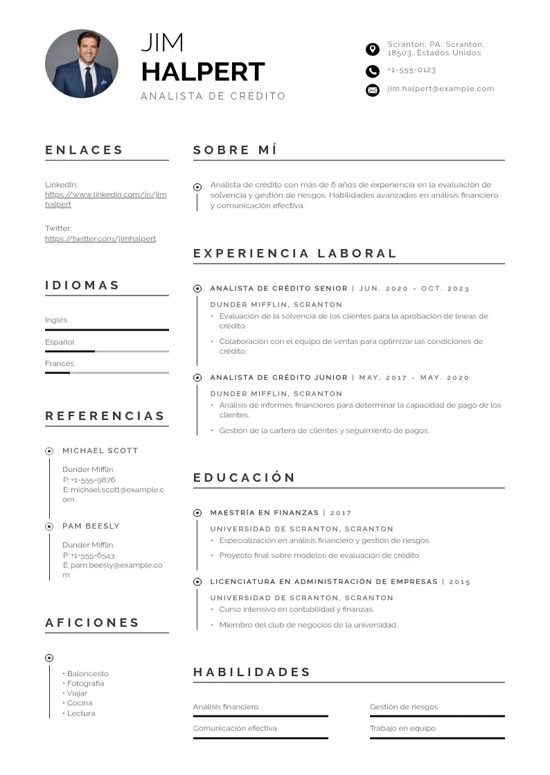 two column analista-de-credito resume example