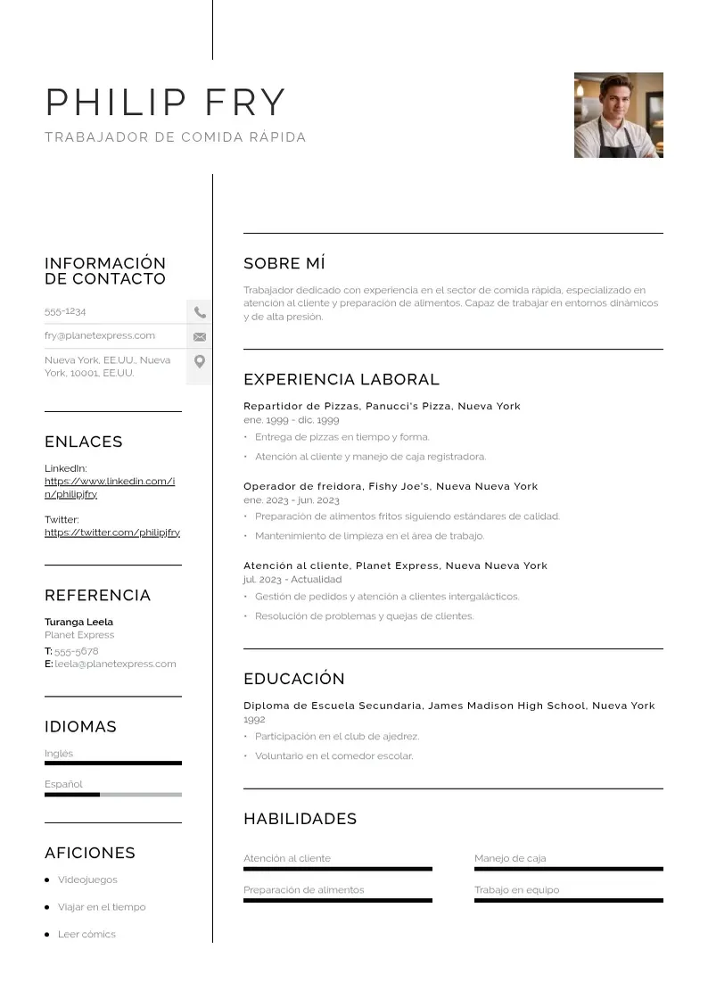 two column cv-trabajador-de-comida-rapida resume example