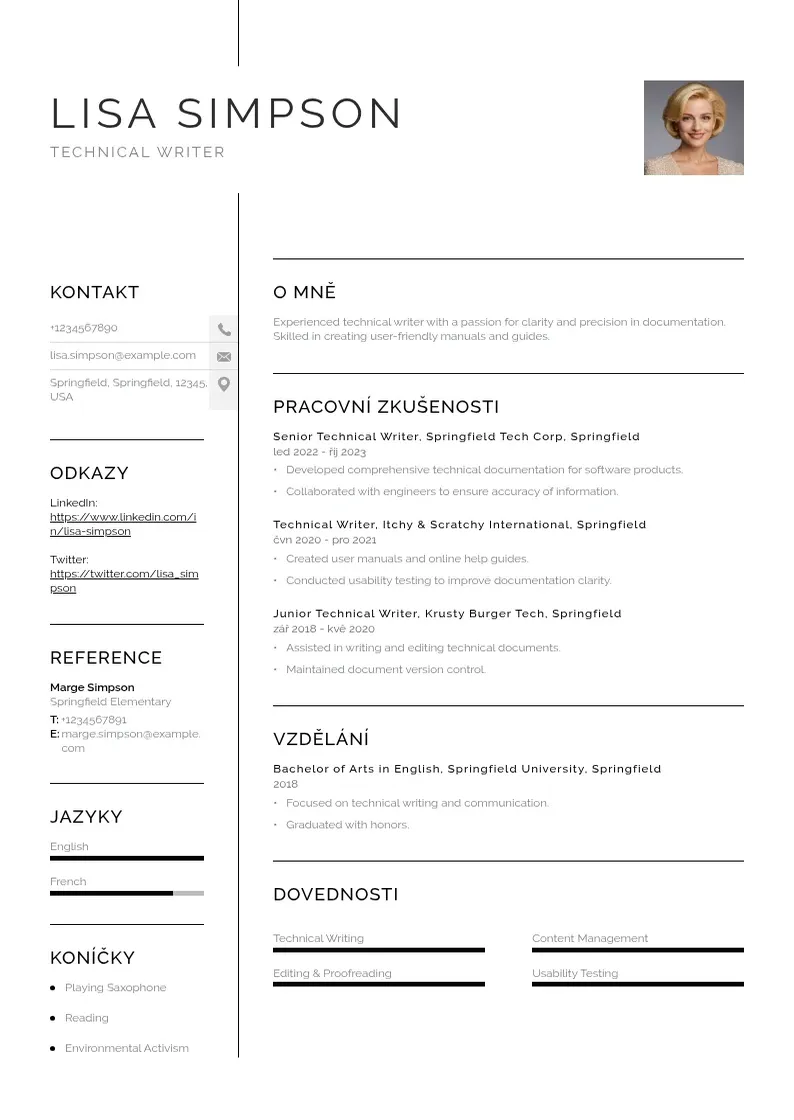 Vienkārša Technicky spisovatel zivotopis CV piemērs