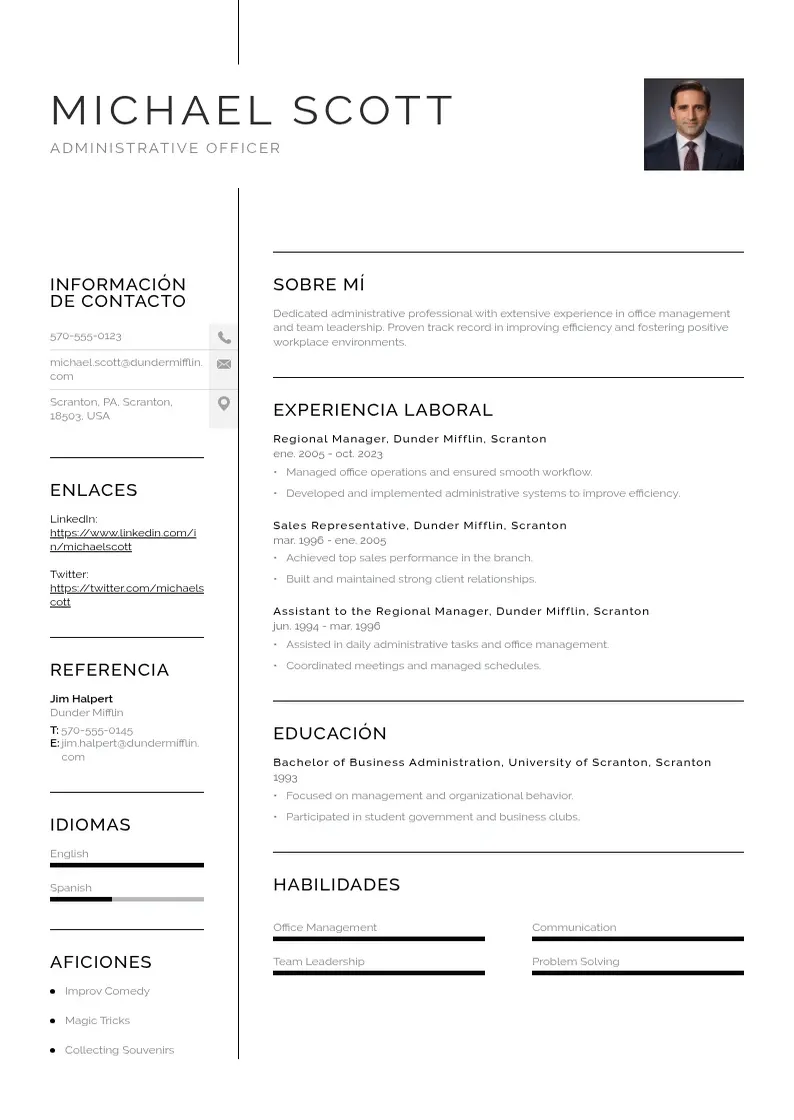 two column cv-oficial-de-administracion resume example