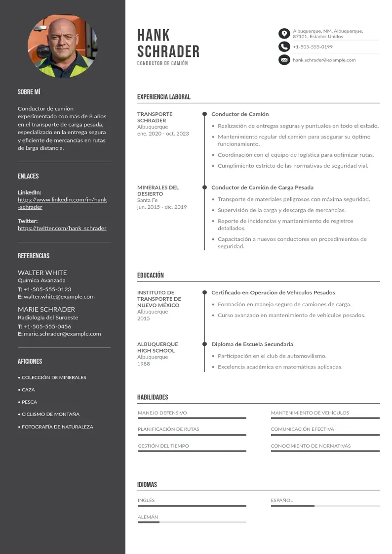 two column cv-conductor-de-camion resume example