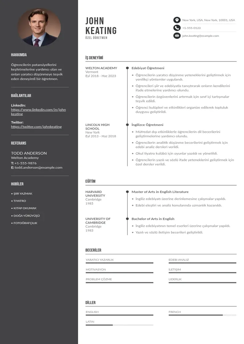Divu kolonnu Özel öğretmen  CV piemērs