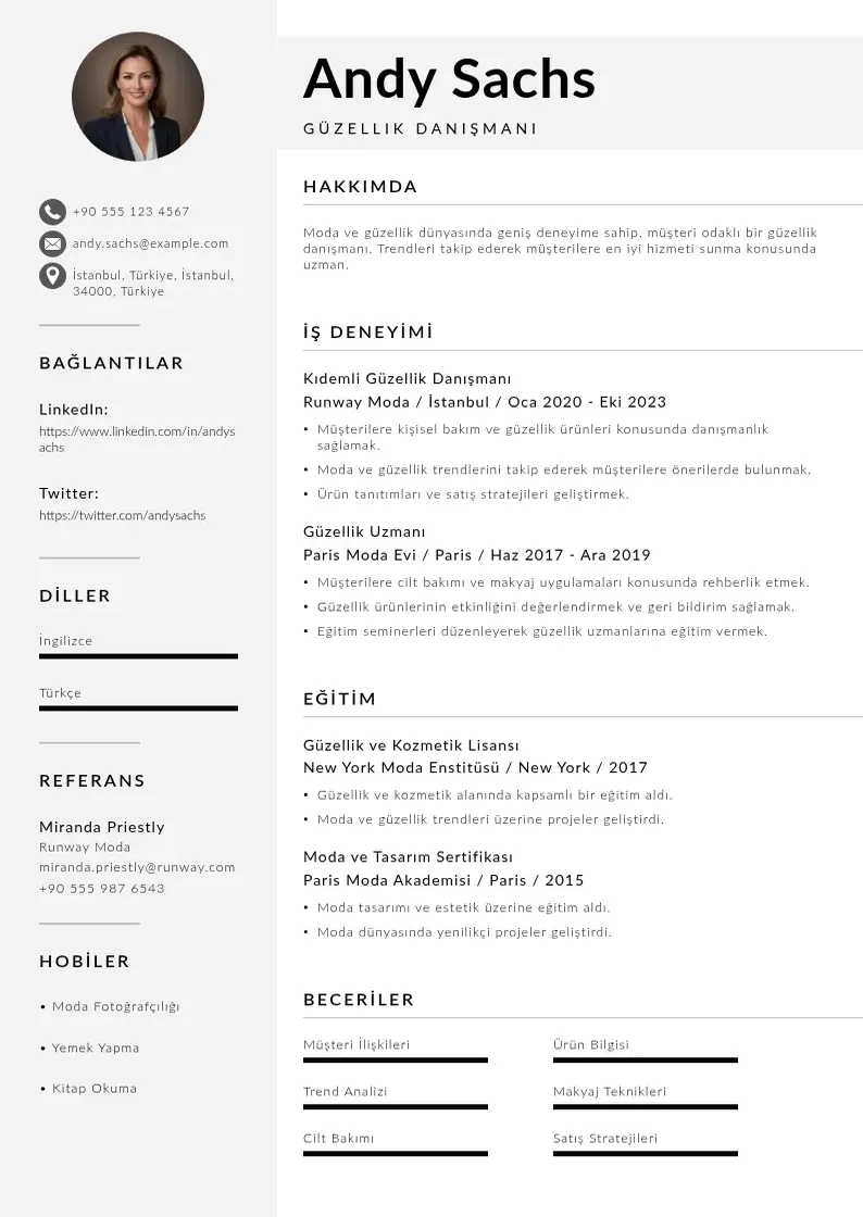 Mūsdienīga Güzellik Danışmanı  CV veidne