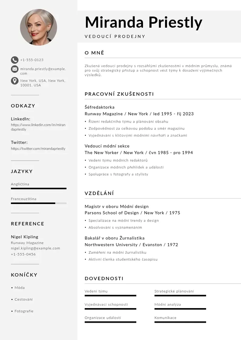 Mūsdienīga Zivotopis vedouciho prodejny CV veidne
